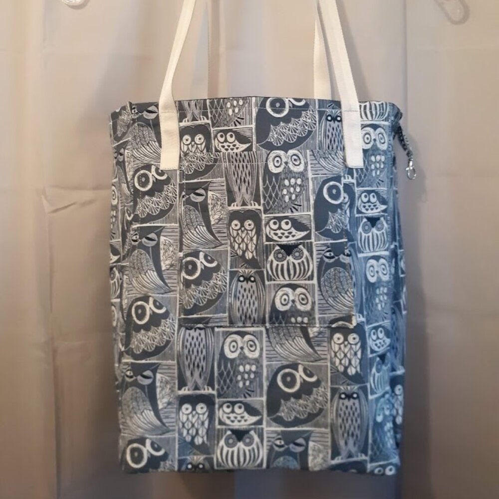 New Artist drawn Owls Tote Shopper shoulder Bag Double handle Blue White KeyClip